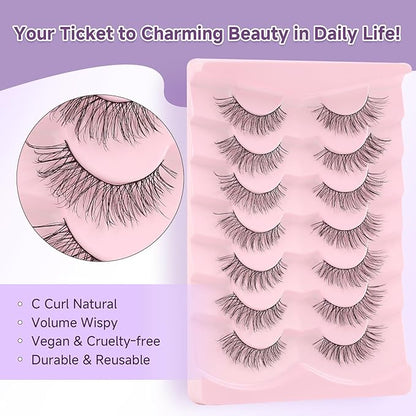 Natural Cat Eye Lashes, 13mm Wispy, Thin Memory Band, Volume, Soft Strip Lashes, Pack of 7
