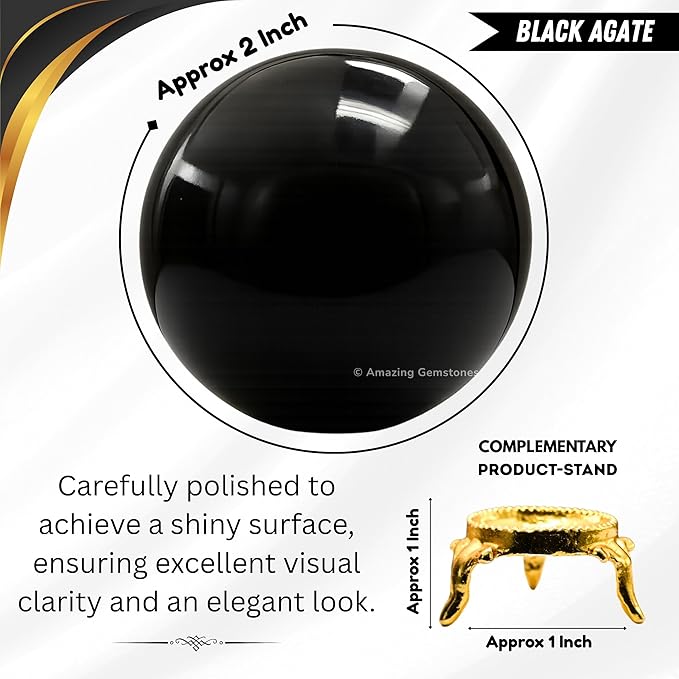 Amazing Gemstone Black Agate Crystal Ball with Stand - 2" Inches Crystal Sphere Meditation Balls for Witchcraft and Decorative Balls