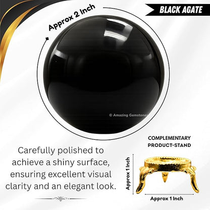 Amazing Gemstone Black Agate Crystal Ball with Stand - 2" Inches Crystal Sphere Meditation Balls for Witchcraft and Decorative Balls