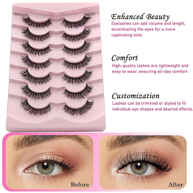 MIKIWI Natural False Eyelashes,Soft and Wispy Natural Look Lashes 7 Pairs Strip Lashes Feathery Lashes