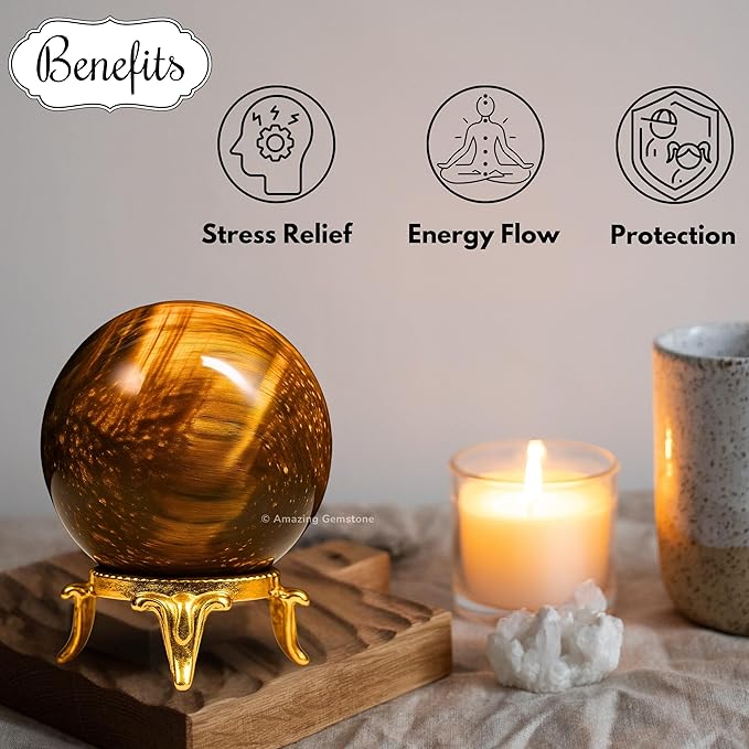 Amazing Gemstone Tiger Eye Crystal Ball with Stand - 2 Inches Crystal Sphere Meditation Balls for Witchcraft and Decorative Balls
