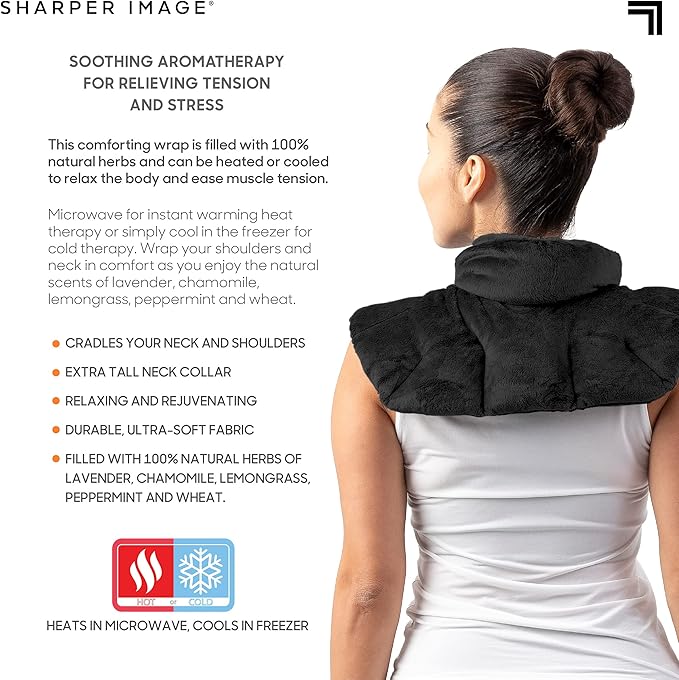 Sharper Image Heated Neck & Shoulder Wrap - Microwavable Warm & Cooling Plush Pad, Scented Aromatherapy (100% Natural Lavender & Herb Spa Blend), Pain Tension Headache Relief Therapy, Gift for Women