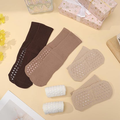 Jspupifip 4 Pairs Pilates Socks with Grips for Women Cotton Athletic Crew Socks for Barre Hospital Workout