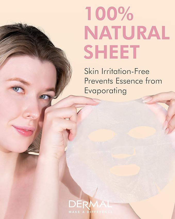 DERMAL Collagen Essence Facial Mask Sheet 23g Pack of 10 - Moisturizing & Firming, Anti Wrinkle, For Healthy Dewy Skin, Daily Skin Treatment Solution Sheet Mask