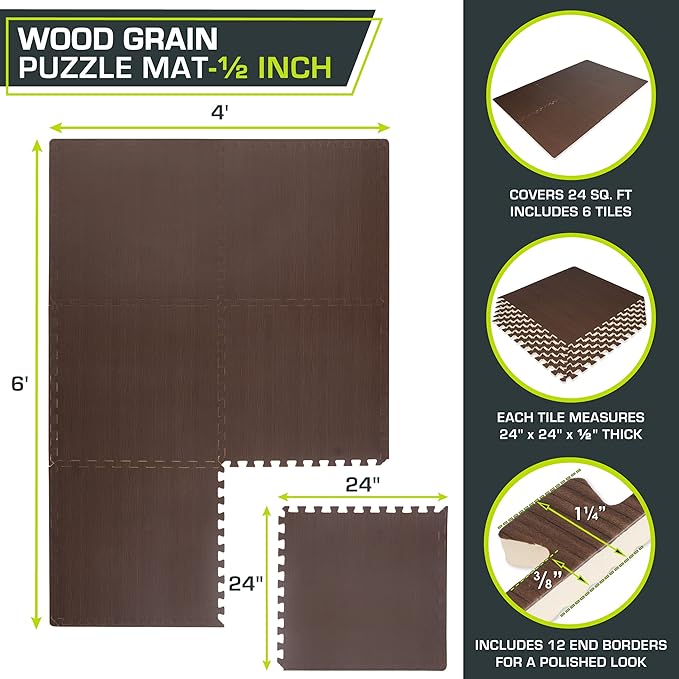 ProsourceFit Wood Grain Puzzle Mat 1/2-in, 6 EVA Foam Interlocking Floor Tiles (24SQ FT) for Secure Indoor Room Workout Flooring and Playmat, Dark Oak
