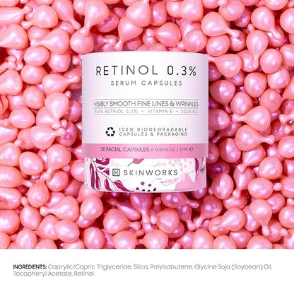 Retinol Anti Aging Wrinkle Correction Night Serum with Hyaluronic Acid Serum for Dark Spots, Post-Acne Scars, Instantly Plump & Hydrates Skin, Unscented, 30 Capsules