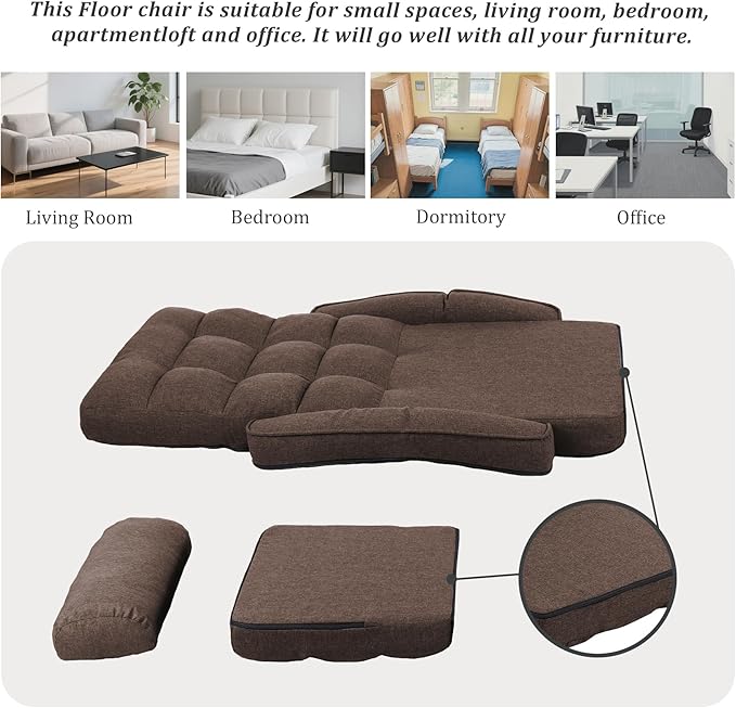 Adjustable Floor Chair for Adults with Back Suppor,5-Position Folding Lazy Sofa with Pillow, Gaming & Meditation Chair with Breathable Fabric - for Living Room, Bedroom, Office,Balcony (Brown)