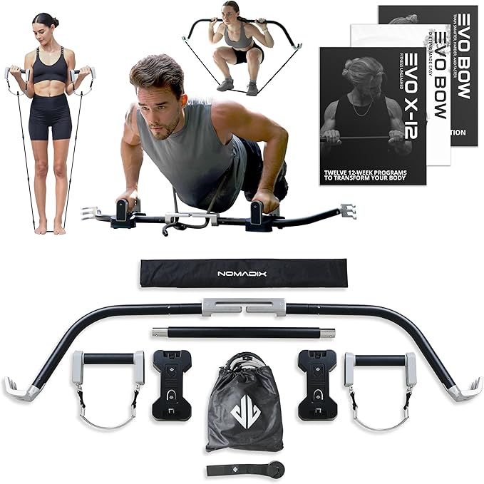 EVO Bow - All in One Portable Home Gym System | Compact Strength Training and Exercise Equipment for Travel with Notched Resistance Bands for Full Body Training and Weighted Pushups | 300lbs