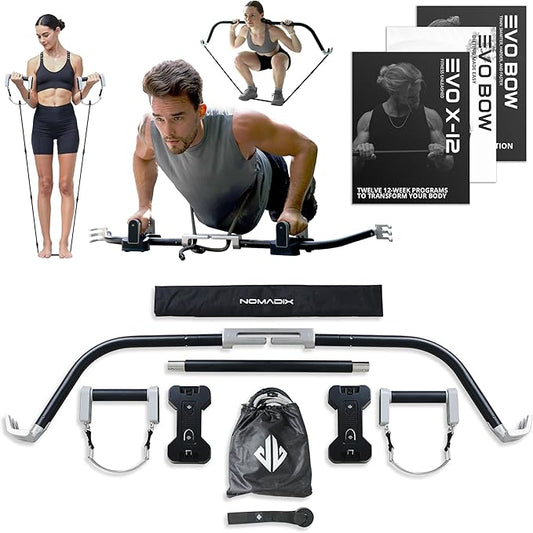 EVO Bow - All in One Portable Home Gym System | Compact Strength Training and Exercise Equipment for Travel with Notched Resistance Bands for Full Body Training and Weighted Pushups | 300lbs