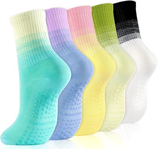 Non-Slip Pilates Socks with Grips for Women 5 Pairs Cute Yoga Socks Grippy for Yoga Barre Ballet