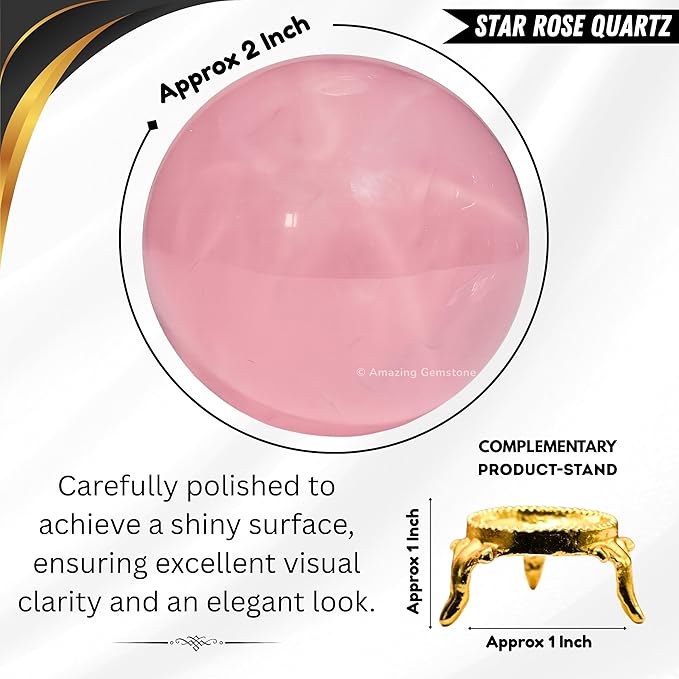 Amazing Gemstone Star Rose Quartz Crystal Ball with Stand - 2 Inches Crystal Sphere Meditation Balls for Witchcraft and Decorative Balls