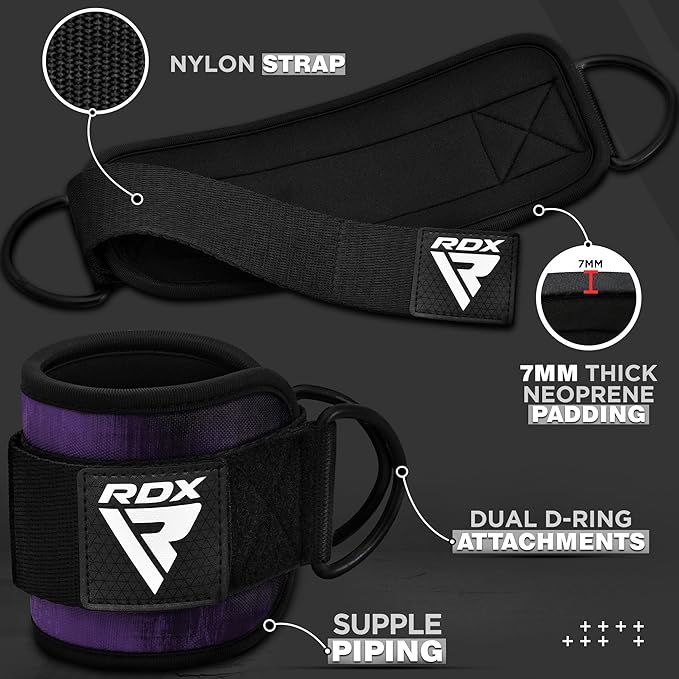 RDX Ankle Straps for Cable Machines – 7MM Neoprene Padded 10"x4" Adjustable Gym Cuffs with Dual D-Rings – Weight Attachments for Wrist Glutes Leg Kickbacks Hip Abduction Strength Workouts – Men Women