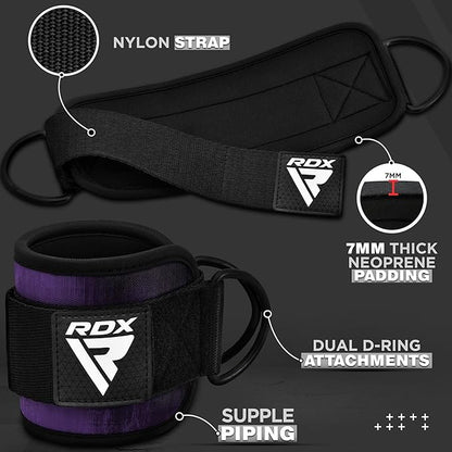 RDX Ankle Straps for Cable Machines – 7MM Neoprene Padded 10"x4" Adjustable Gym Cuffs with Dual D-Rings – Weight Attachments for Wrist Glutes Leg Kickbacks Hip Abduction Strength Workouts – Men Women