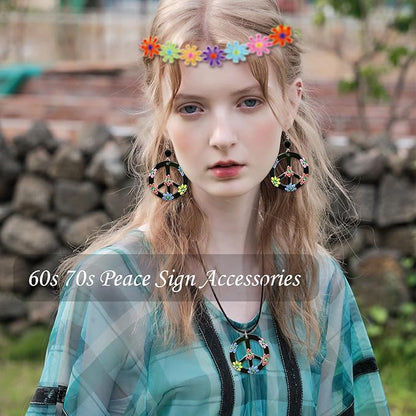 Hippie Costume Accessories for Women Peace Sign Earrings Necklace Flower Headband Sunglasses 60s 70s Accessories