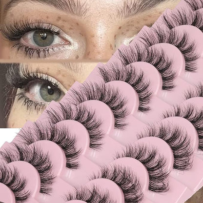 FANXITON Mink Lashes with Clear Band 15 MM 10 Pairs Cat-Eye Lashes Natural Look False Eyelashes Pack Wispy Eyelashes 3D Faux Mink Eyelashes