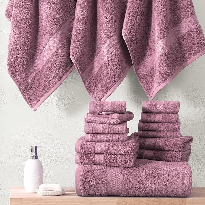LANE LINEN 100% Cotton Bathroom Towels Set - 24 Pc - Ringspun, Quick Dry, Soft & Absorbent - 2 Bath Sheets, 4 Bath, 6 Hand Towels, 8 Washcloths, 4 Fingertip - Medium GSM, Regular Use - Wistful Mauve