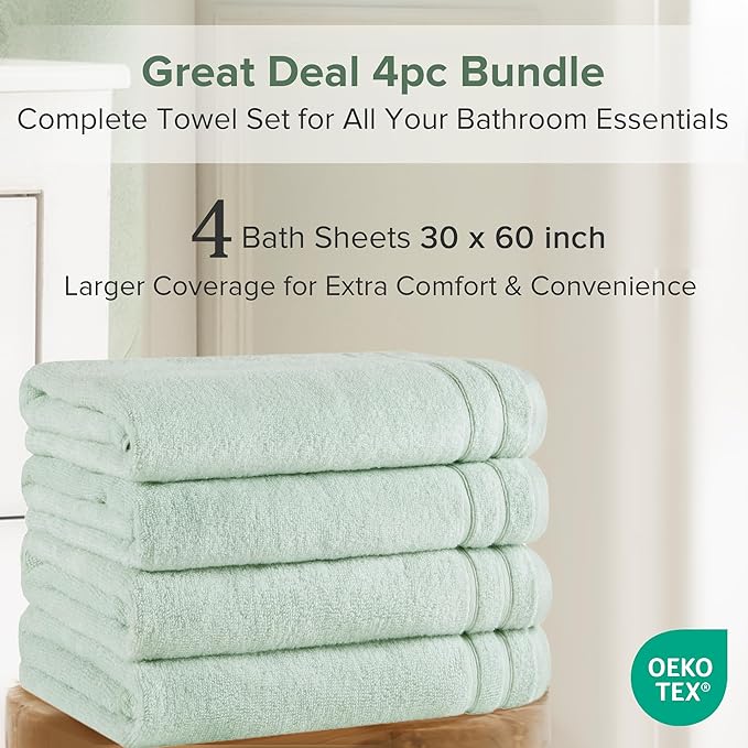 Comfort Spaces Extra Large Bath Towel Set of 4 Piece 30x60 Bath Sheet Set Shower Towel Beach Towel 100% Cotton Bathroom Towel Set Quick Dry Oversized Highly Absorbent Soft 400GSM Seafoam Green