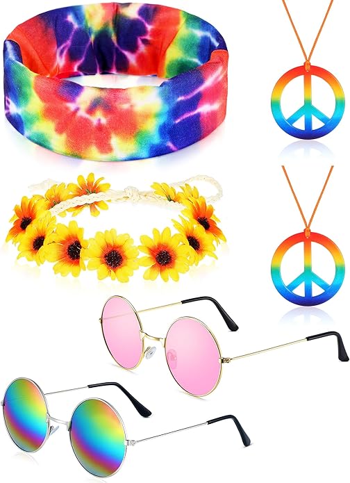 Frienda Hippie Costume Set, Hippie Sunglasses, Peace Sign Necklace and Tie Dye Headband for 60s 70s Accessories