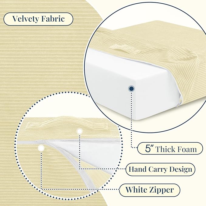 Solid Square Floor Pillows for Adults Kids - Large Meditation Floor Pillow Seating Cushion with Thick Foam & Washable Velvet Cover, 1 Pack, 22x22x5 Inch, Beige