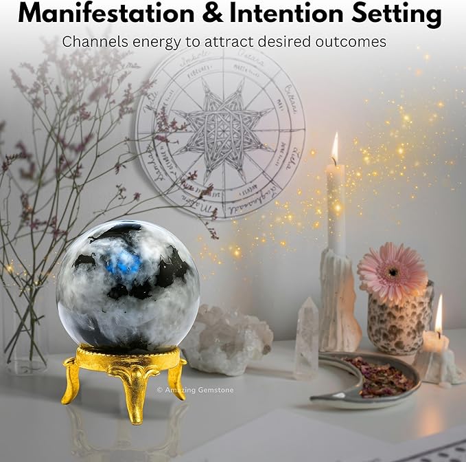 Amazing Gemstone Rainbow Moonstone Crystal Ball with Stand - 2 Inches Crystal Sphere Meditation Balls for Witchcraft and Decorative Balls
