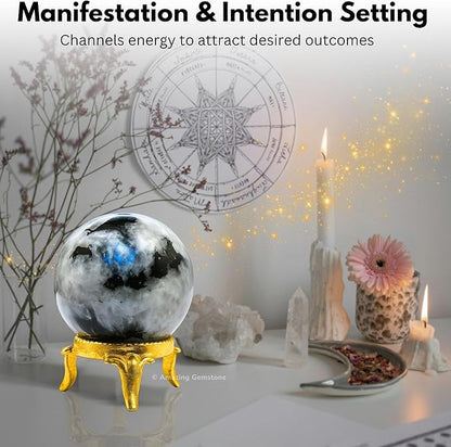 Amazing Gemstone Rainbow Moonstone Crystal Ball with Stand - 2 Inches Crystal Sphere Meditation Balls for Witchcraft and Decorative Balls