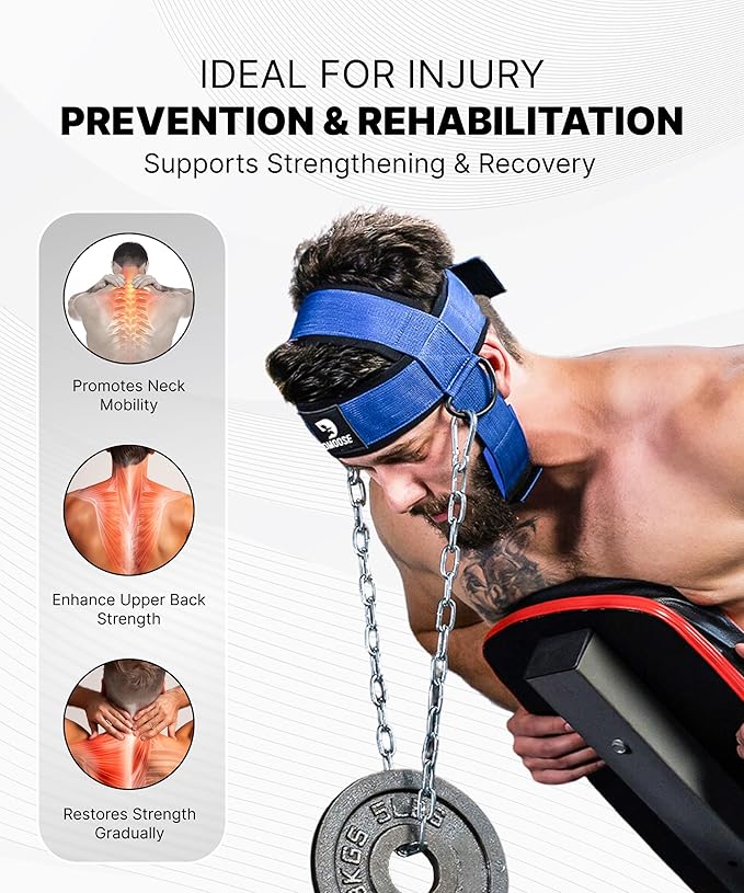 DMoose Fitness Neck Harness for Weight Lifting - Soft Padded Head & Chin Strap with 30" Heavy Duty Steel Chain - Neck Exerciser, Trainer & Strengthener to Support Injury Recovery and Intense Workouts