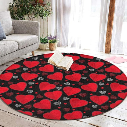 Soft Round Yoga Carpet, Large Home Decor Mat, Non-Slip Machine Washable Kitchen Office Circle Rug Compatible with Valentine's Day Elegant Red Love Heart Black