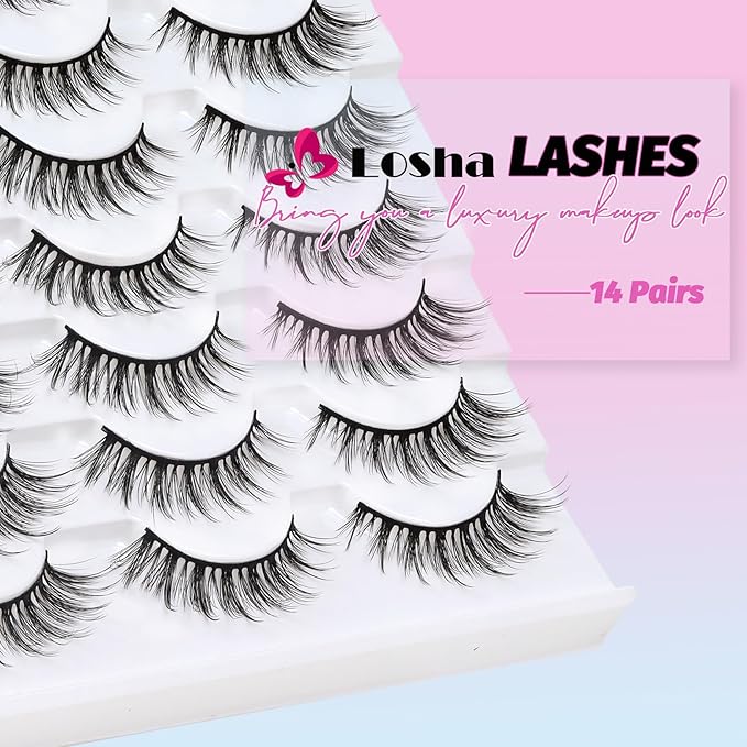 Losha Lashes Wispy False Lashes 14 Pairs Natural Fake Eyelashes Lightweight Soft False Eyelashes Fluffy Faux Mink Lashes Pack (G2-M)