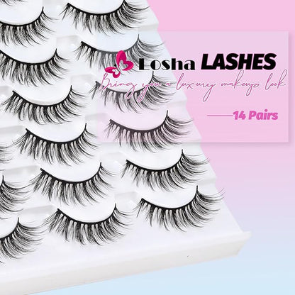 Losha Lashes Wispy False Lashes 14 Pairs Natural Fake Eyelashes Lightweight Soft False Eyelashes Fluffy Faux Mink Lashes Pack (G2-M)