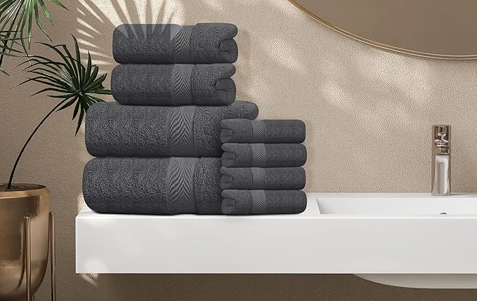 Oakias Premium Towel Set 600 GSM 8 Piece Grey - 100% Ring Spun Cotton Highly Absorbent Towels Set - Super Soft Bathroom Towel Set - Hotel Quality Double Stitched Hem - Ideal for Hotels, Spa, Gyms