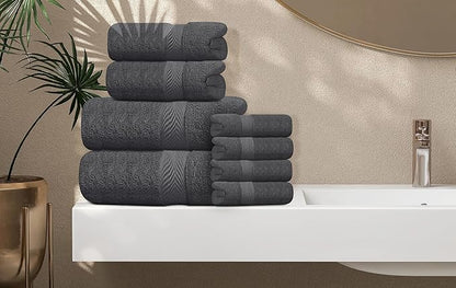 Oakias Premium Towel Set 600 GSM 8 Piece Grey - 100% Ring Spun Cotton Highly Absorbent Towels Set - Super Soft Bathroom Towel Set - Hotel Quality Double Stitched Hem - Ideal for Hotels, Spa, Gyms