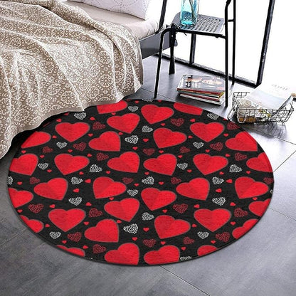 Soft Round Yoga Carpet, Large Home Decor Mat, Non-Slip Machine Washable Kitchen Office Circle Rug Compatible with Valentine's Day Elegant Red Love Heart Black