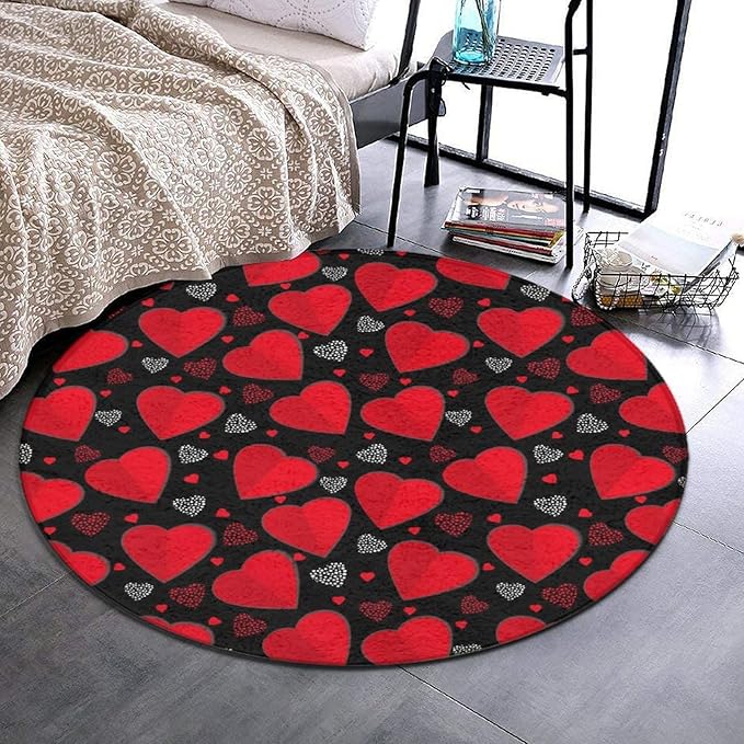 Soft Round Yoga Carpet, Large Home Decor Mat, Non-Slip Machine Washable Kitchen Office Circle Rug Compatible with Valentine's Day Elegant Red Love Heart Black