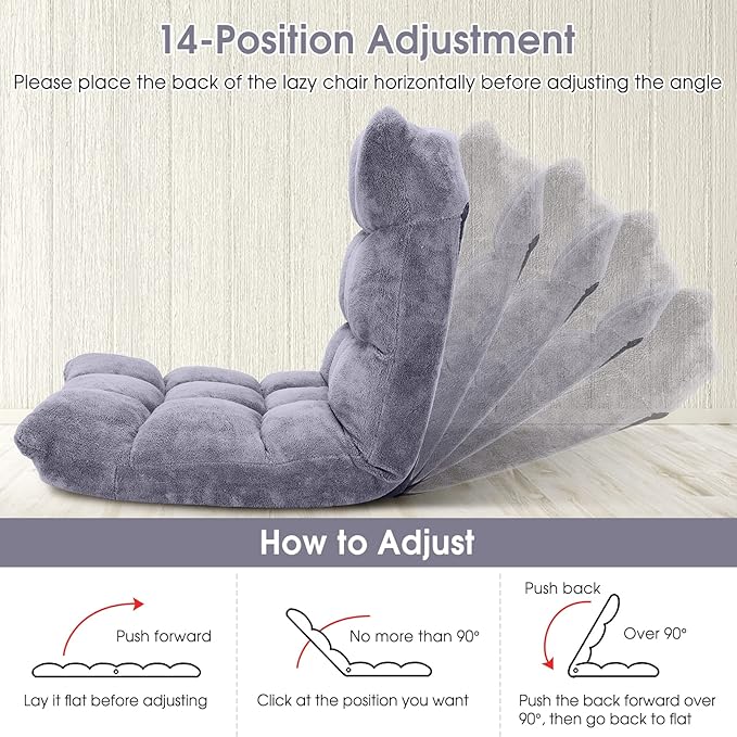 GORELAX Memory Foam Floor Chair, 14-Poistion Adjustable Reading Gaming Chair Recliner, Folding Cushioned Meditation Chair with Back Support, Padded Lazy Sofa for Adults, Kids