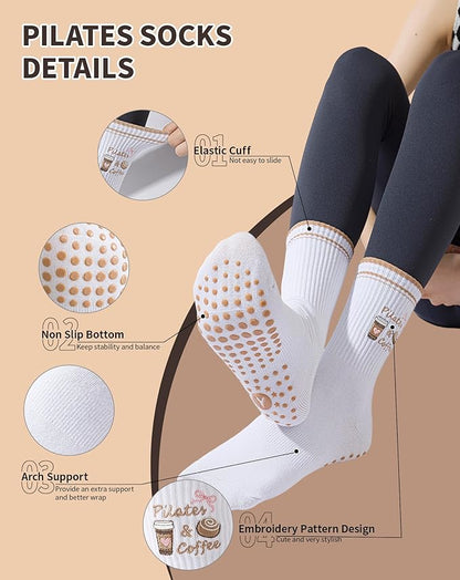 Yawlsow Pilates Grip Socks for Women Yoga Grippy Socks Cute Barre Non Skid Athletic Crew Sticky Sock Workout Hospital