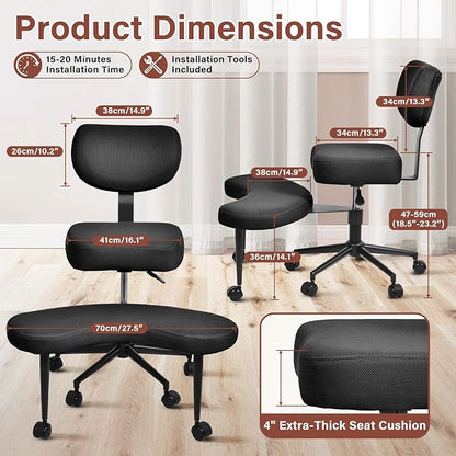 Meditation Chair, Cross Legged ADHD Office Chair for Adults with Wheels Ergonomic Back Support and Leg Rest for Multi Position Criss Cross Sitting Kneeling and Yoga Height Adjustable, Mesh Style