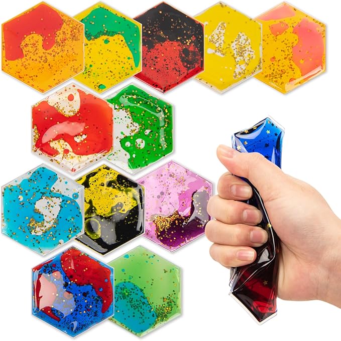 Art3d Hexagon Sensory Fidget Liquid Motion Tiles for Kids, Toddler, Teens - Interactive Soft Gel Liquid Play Mats for Home, Schools, Playrooms, Multi-Pack of 12 Tiles