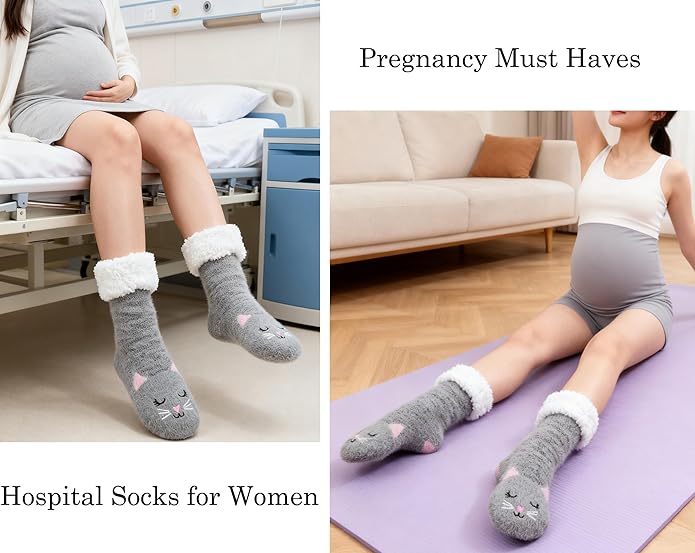 JaosWish Cat Fuzzy Socks Womens Pilates,Postpartum Essentials Non Slip Grip Slippers Hospital Socks for Labor Delivery