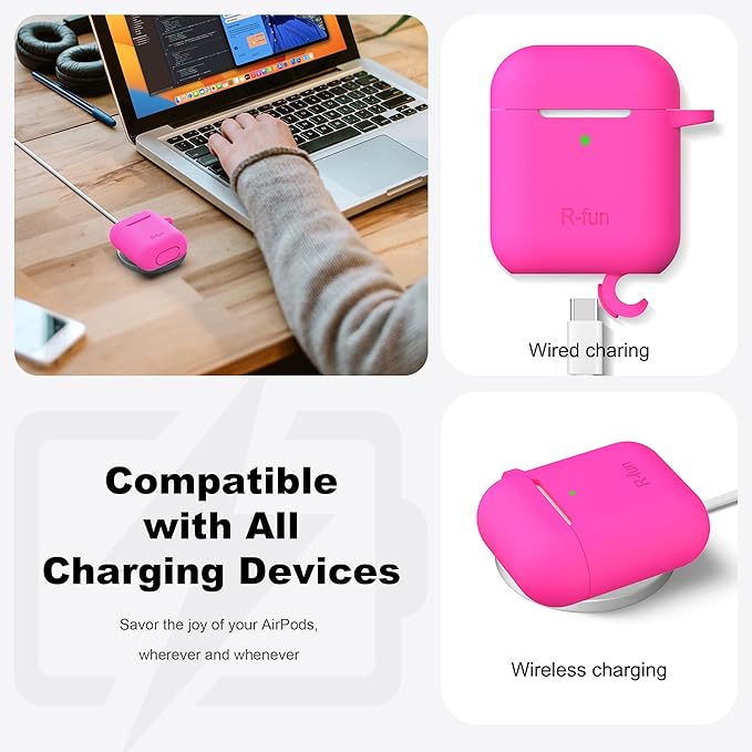 R-fun Compatible with AirPods Case Cover, Soft Silicone Protective Cover with Keychain for Women Men Compatible with Apple AirPods 2nd 1st Generation Charging Case, Front LED Visible,Rose Pink