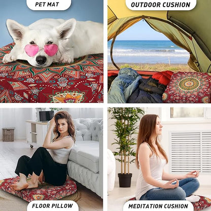 Mandala Meditation Cushion, Boho Meditation Mat, Meditation Pillows for Sitting on Floor, Cushions for Sitting in Home and Outdoor, Square Floor Pillows Cushion Seating for Yoga 22'' X 22''