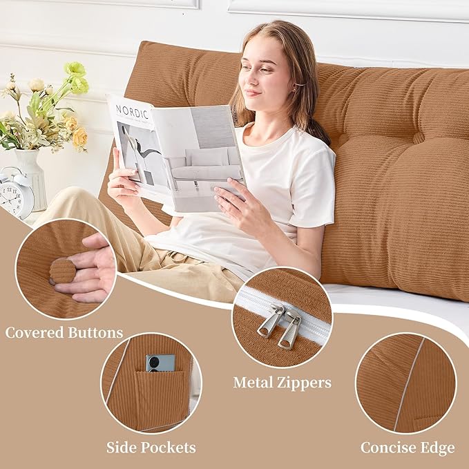Sasttie Headboard Pillow Twin/Twin XL, Wedge Pillow Headboard for Dorm, Triangular Daybed Backrest Cushion for Sitting or Reading in Bed, with Removable Washable Cover, Caramel