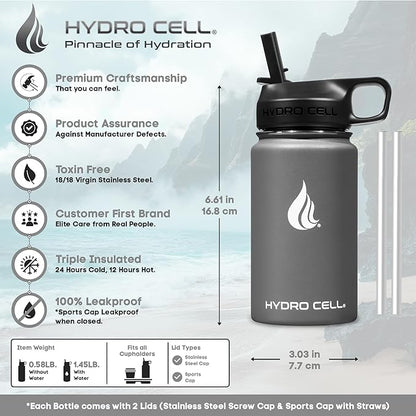 HYDRO CELL Stainless Steel Insulated Water Bottle with Straw - For Cold & Hot Drinks - Metal Vacuum Flask with Screw Cap and Modern Leakproof Sport Thermos for Adults (Graphite 14oz)