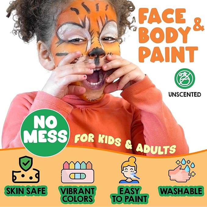Jim&Gloria Water Based Face Paint Sticks Bulk 32 Professional Face Painting Kit for Kids Party, Metallic, Neon, Classic Facepaint Crayons, Washable Body Paint Adults Cosplay, Clown, Halloween Makeup