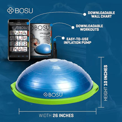 Bosu Balance Ball Exercise Trainer, Home Gym Equipment w/ Guided Workouts & Pump, 26", Blue - Inflatable Fitness Platform for Strength Training, Standing, Balancing, and Core Workout