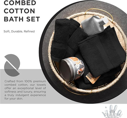100% Cotton Bath Towel Set of 24-6 Bath Towels, 6 Hand Towels, 12 Wash Cloths, Sustainable, Soft, Highly Absorbent, Combed Cotton 24 Piece Set for Hotels, Spa, Bathroom, Dorm, Black