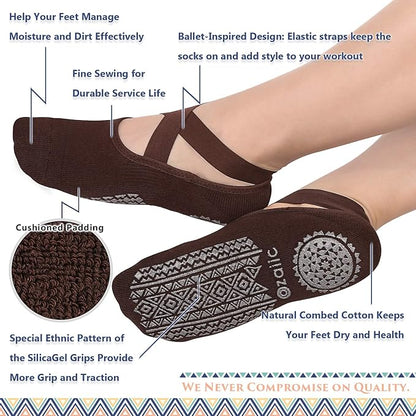 Ozaiic Yoga Socks for Women Non-Slip Grips & Straps, Ideal for Pilates, Pure Barre, Ballet, Dance, Barefoot Workout
