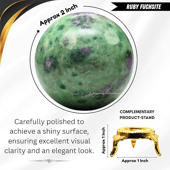 Amazing Gemstone Ruby Fuchsite Crystal Ball with Stand - 2 Inches Crystal Sphere Meditation Balls for Witchcraft and Decorative Balls