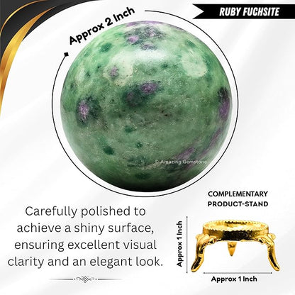 Amazing Gemstone Ruby Fuchsite Crystal Ball with Stand - 2 Inches Crystal Sphere Meditation Balls for Witchcraft and Decorative Balls