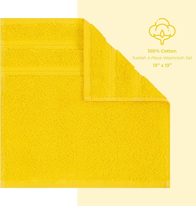 American Soft Linen Luxury Washcloths for Bathroom, 600 GSM 100% Cotton 4 Piece Turkish Wash Cloth Set, 13x13 in Soft Rags for Body and Face, Yellow Washcloths
