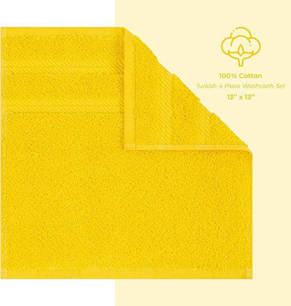 American Soft Linen Luxury Washcloths for Bathroom, 600 GSM 100% Cotton 4 Piece Turkish Wash Cloth Set, 13x13 in Soft Rags for Body and Face, Yellow Washcloths